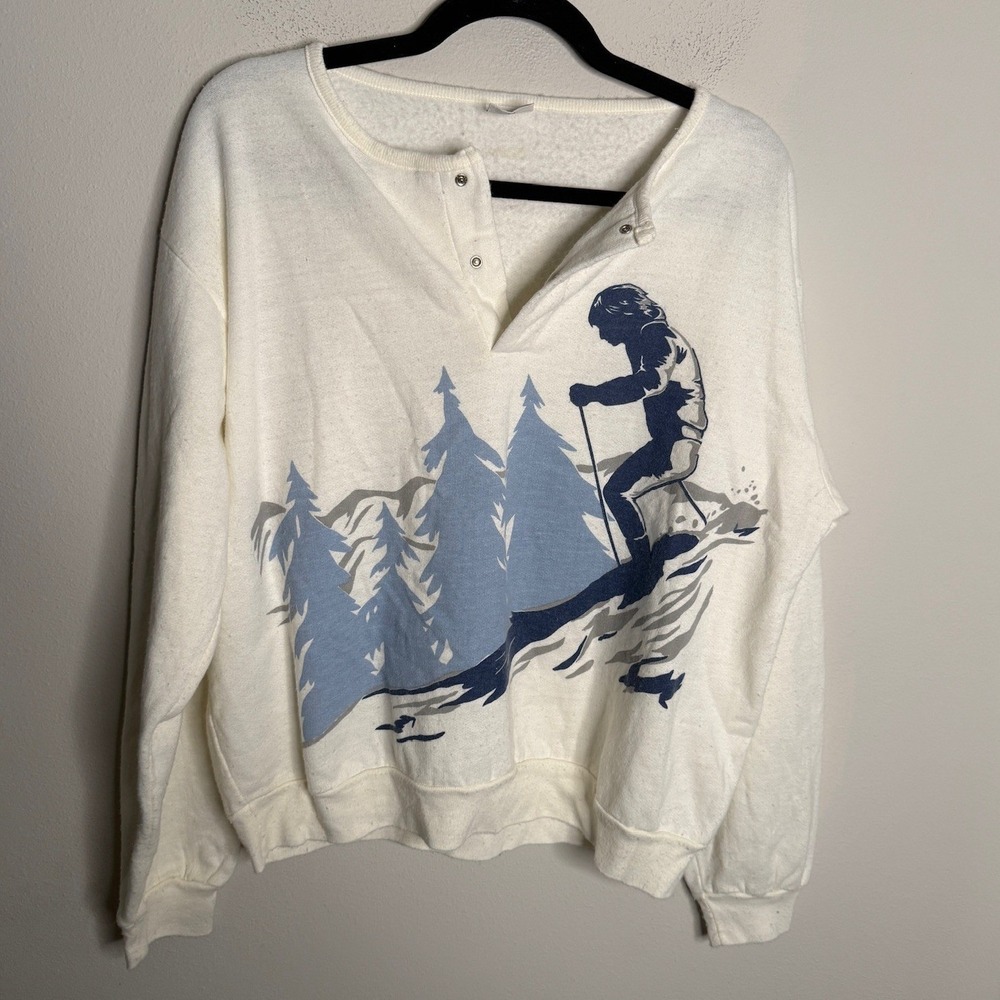 Vintage Sprint Women's Large Cream Skiing Graphic Henley Sweatshirt Retro Skier